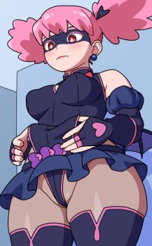  1girl adjusting_clothes adjusting_leotard afro_puffs bare_shoulders black_boots black_gloves black_leotard black_skirt blush boku_no_hero_academia boots breasts cleavage_cutout closed_mouth clothing_cutout covered_erect_nipples cowboy_shot downturned_eyes earrings elbow_gloves eye_mask female_focus fingerless_gloves fingernails from_below gloves grey_pantyhose haneyama_kazuho indoors jewelry kabeume leotard lipstick looking_down lowleg lowleg_skirt makeup mask matching_hair/eyes medium_breasts microskirt pantyhose pink_eyes pink_hair pink_lips short_hair skirt solo standing thigh_boots thighs vigilante_-boku_no_hero_academia:_illegals- wide_hips 