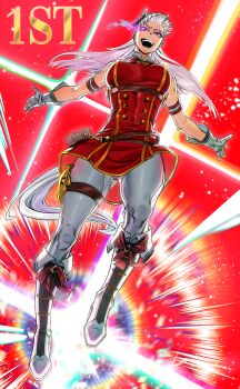  1girl :d absurdres animal_ears armband bad_tag belt belt_pouch boots breasts brown_belt buttons commentary double-breasted dress dutch_angle eye_trail floating floating_hair full_body gloves gold_ship_(red_strife)_(umamusume) gold_ship_(umamusume) highres horse_ears horse_girl horse_tail im_2074 knee_boots large_breasts light_trail long_hair looking_at_viewer meme open_mouth pantyhose pillbox_hat pouch purple_eyes red_armband red_background red_dress sleeveless sleeveless_dress smile solo tail thigh_strap umamusume wally_west_solos_fiction_(meme) white_boots white_gloves white_hair white_pantyhose white_tail 