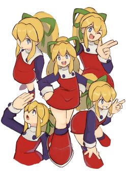  1girl :d ;d blonde_hair blue_eyes boots bow dress green_bow hair_between_eyes hair_bow highres long_hair long_sleeves looking_at_viewer mega_man_(classic) mega_man_(series) one_eye_closed open_mouth red_boots red_dress roll_(mega_man) sidelocks smile tikuwabu_33 white_background 