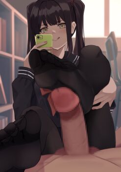 1girl :q black_hair black_pantyhose black_serafuku blush bookshelf cellphone feet footjob highres long_hair looking_at_viewer mirusu318 original pantyhose phone school_uniform serafuku smartphone soles toes tongue tongue_out twintails yellow_eyes 
