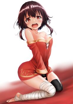  1girl absurdres bandaged_leg bandages bare_shoulders between_legs black_legwear blush breasts brown_hair cleavage collarbone dress embarrassed feet full_body gibun_(sozoshu) hand_between_legs highres kneeling kono_subarashii_sekai_ni_shukufuku_wo! looking_at_viewer megumin open_mouth red_eyes revision short_dress short_hair simple_background single_thighhigh small_breasts solo thighhighs thighs white_background  rating:Sensitive score:32 user:danbooru