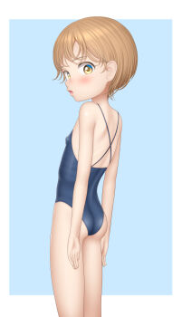  1girl absurdres arms_at_sides ass blonde_hair blue_one-piece_swimsuit blush breasts cowboy_shot female_focus from_behind gluteal_fold highres looking_at_viewer looking_back one-piece_swimsuit open_mouth original paid_reward_available sc_naru school_swimsuit short_hair small_breasts solo swimsuit thighs yellow_eyes 