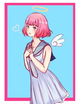  1boy absurdres angel_wings blue_background blue_dress blue_necktie blue_serafuku blush bob_cut border catherine:_full_body catherine_(game) crossdressing crossdressing_(mtf) dress frilled_dress frills green_eyes halo hand_on_own_chest heart highres kotavandeven looking_at_viewer necktie own_hands_together pink_border pink_hair rin_(catherine) school_uniform serafuku short_hair sleeveless sleeveless_dress smile trap white_background wings yellow_halo 