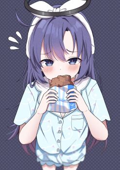  1girl absurdres blue_archive blue_eyes blue_hair chicken_(food) commentary_request food hairband halo highres hosinonana long_hair looking_at_viewer pajamas pov red_pupils yuuka_(blue_archive) yuuka_(pajamas)_(blue_archive) 