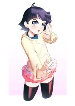  1girl absurdres antenna_hair balcony black_thighhighs blue_eyes boruto:_naruto_next_generations commentary cowboy_shot cropped_legs facial_mark fighting_stance frilled_skirt frills highres hood hoodie mikado_ryouma miniskirt naruto_(series) pink_skirt short_hair skirt solo thighhighs uzumaki_himawari v-shaped_eyebrows whisker_markings yellow_hoodie zettai_ryouiki 