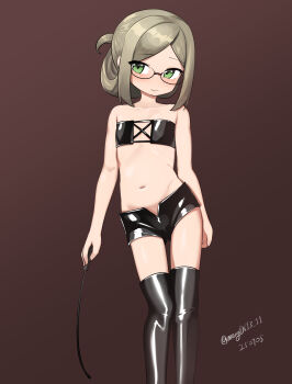  1girl absurdres aged_down alternate_breast_size_(smaller) alternate_costume black_background black_shorts black_thighhighs bondage_outfit dated dominatrix feet_out_of_frame flat_chest folded_ponytail gradient_background green_eyes grey_hair highres holding holding_whip kantai_collection katori_(kancolle) latex_top loli maru_(marg0613) one-hour_drawing_challenge shorts smile thighhighs twitter_username whip 