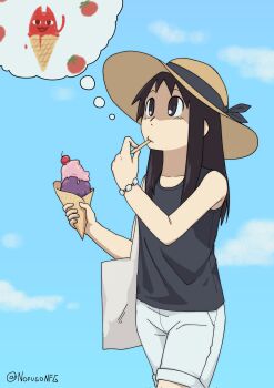  1girl azumanga_daiou bag black_eyes black_tank_top brown_hair cherry cloud cloudy_sky commentary denim denim_shorts english_commentary food fruit hat highres holding holding_spoon ice_cream_cone imagining kasuga_ayumu long_hair mihama_chiyo's_father nofugo shorts shoulder_bag sidelocks sky speech_bubble spoon sun_hat tank_top thought_bubble tomato utensil_in_mouth 