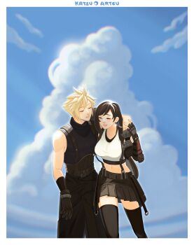 1boy 1girl absurdres arm_around_shoulder artist_name baggy_pants bare_shoulders belt belt_buckle black_gloves black_hair black_pants black_skirt black_sports_bra black_sweater black_thighhighs blonde_hair blue_sky border bracelet breasts buckle closed_eyes cloud cloud_strife cloudy_sky commentary crop_top earrings elbow_gloves english_commentary facing_another feet_out_of_frame final_fantasy final_fantasy_vii final_fantasy_vii_remake fingerless_gloves glint gloves hand_on_another's_arm highres jewelry katsuartsu large_breasts leaning_on_person lips long_hair materia midriff multiple_belts navel outdoors pants parted_lips short_hair single_arm_guard skirt sky sleeveless sleeveless_turtleneck spiked_hair sports_bra suspender_skirt suspenders sweater tank_top thighhighs tifa_lockhart turtleneck turtleneck_sweater white_border white_tank_top zettai_ryouiki