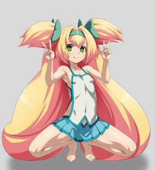 absurdres barefoot blazblue blonde_hair double_v eremiya_(loleremiya) flat_chest green_eyes green_ribbon hair_intakes hair_ribbon headband heart heart-shaped_pupils highres loli long_hair looking_at_viewer miniskirt navel platinum_the_trinity pleated_skirt quad_tails ribbon shirt skirt sleeveless sleeveless_shirt smile squatting symbol-shaped_pupils tongue tongue_out v  rating:Sensitive score:24 user:BostonsTrain
