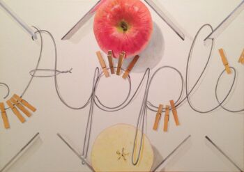  apple apple_slice clothes_pin cursive english_text food fruit glass highres metal_wire no_humans original pencil1205 realistic reflection shadow simple_background still_life white_background wire 