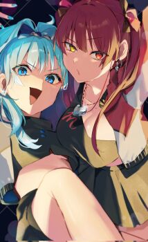 2girls black_shirt black_shorts black_skirt blue_eyes blue_hair breasts bun_(bun_5u) cleavage earrings heart_pendant highres hololive hololive_indonesia houshou_marine iii_(hololive) jewelry kobo_kanaeru large_breasts long_hair multiple_girls open_mouth red_eyes red_hair shirt shorts skirt virtual_youtuber yellow_eyes 