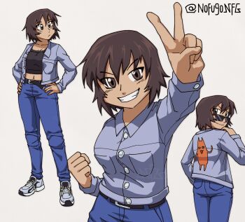  1girl ass azumanga_daiou back belt black_belt breasts brown_eyes brown_hair character_print commentary denim denim_jacket grey_shoes grin hands_on_own_hips highres jacket jeans kagura_(azumanga_daioh) midriff mihama_chiyo's_father nofugo pants shoes short_hair silver_buttons smile tan twitter_username 