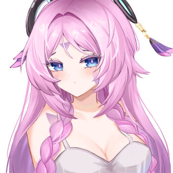  1girl absurdres alternate_costume blue_eyes blush braid breasts citlali_(genshin_impact) cleavage closed_mouth commentary_request facial_mark floating_headgear genshin_impact headgear highres long_hair looking_at_viewer mako_(cvyt5325) partial_commentary pink_hair pink_pupils simple_background solo spaghetti_strap triangle triangle_facial_mark twin_braids upper_body white_background 