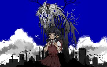  1girl animal_skull antlers backpack bag bandaid bandaid_on_face bandaid_on_nose black_eyes black_hair blue_sky branch bruise cloud curled_horns day dress feet_out_of_frame floating_hair gauze gauze_on_cheek gauze_on_elbow hair_bobbles hair_ornament highres horns injury kaai_yuki looking_at_viewer low_twintails medium_hair monster neckerchief outdoors pinafore_dress power_lines randoseru red_dress red_neckerchief shinto shirt short_dress short_sleeves short_twintails simple_bird single_tear sky skyline sleeveless sleeveless_dress solo standing torii twintails vocaloid white_shirt yuu_(tangzeyuu) 