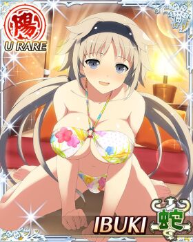  1girl bikini black_hairband blush border breasts brown_hair card_(medium) character_name cleavage come_hither floral_print floral_print_bikini game_cg grey_eyes hairband ibuki_(senran_kagura) lamp large_breasts leaning_forward long_hair low_twintails navel night o-ring o-ring_bikini official_art on_bed open_mouth print_bikini senran_kagura senran_kagura_new_wave sitting smile solo swimsuit third-party_source twintails wariza white_bikini 