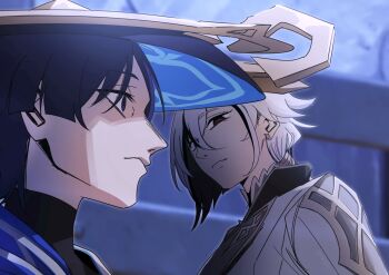  1boy 1girl arlecchino_(genshin_impact) black_bodysuit black_eyes black_hair blue_cape blue_hat blunt_ends bodysuit cape closed_mouth coat earrings eyelashes genshin_impact gold hair_between_eyes harashu_(harashu96) hat highres jewelry jingasa long_hair looking_at_another looking_to_the_side multicolored_hair purple_eyes red_pupils scaramouche_(genshin_impact) sidelocks star_(symbol) star_earrings streaked_hair symbol-shaped_pupils turtleneck turtleneck_bodysuit twitter_username wanderer_(genshin_impact) white_coat white_hair white_sleeves white_trim x-shaped_pupils 