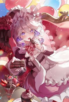  1girl alternate_costume balloon bow chocolate datsha dress drop-shaped_pupils food frills furina_(genshin_impact) genshin_impact hair_between_eyes hashtag-only_commentary heterochromia highres holding holding_food ice_cream incoming_food long_sleeves mismatched_pupils open_mouth red_bow sitting smile solo symbol-shaped_pupils 