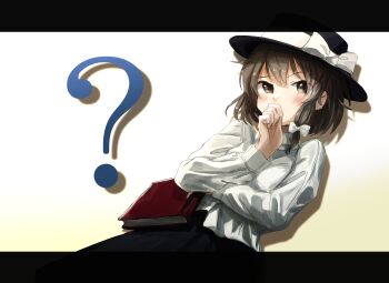  1girl ? absurdres black_hat black_skirt blush book bow brown_hair commentary_request cowboy_shot dutch_angle hair_bow hand_to_own_mouth hat hat_bow highres holding holding_book letterboxed long_sleeves looking_at_viewer minus_(sr_mineka) shadow shirt skirt solo touhou usami_renko white_background white_bow white_shirt 