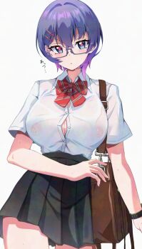  1girl amamiya_maki bag black_skirt blue_eyes blue_hair bow bowtie breasts brown_bag button_gap cleavage collared_shirt commentary_request diagonal-striped_bow diagonal-striped_bowtie diagonal-striped_clothes glasses hair_ornament hairpin highres miyama_(yakinikusushi_the_royal) mole mole_under_eye multicolored_hair nipples no_bra original pleated_skirt purple_hair red_bow red_bowtie red_pupils see-through_clothes see-through_shirt semi-rimless_eyewear shirt short_hair skirt solo striped_bow striped_bowtie striped_clothes sweat two-tone_hair white_background white_shirt 