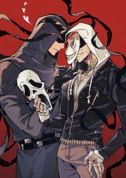  2boys absurdres bandaged_hand bandages belt black_belt black_coat black_gloves black_jacket coat commentary cowboy_shot dead_by_daylight drawstring frank_morrison ghostface gloves grey_pants grin hand_on_own_hip heizuo955 highres holding holding_mask hood hood_up hooded_coat hoodie jacket leather leather_jacket male_focus mask multiple_boys neck_tattoo pants red_background scream_(movie) smile symbol-only_commentary tattoo teeth the_legion_(dead_by_daylight) white_hoodie 