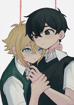  2boys antenna_hair aqua_eyes bare_arms basil_(faraway)_(omori) basil_(omori) black_eyes black_hair black_sweater_vest blonde_hair blush collared_shirt commentary_request crossed_bangs double-parted_bangs eye_contact fingernails flipped_hair green_sweater_vest grey_background hair_behind_ear hair_between_eyes hand_on_another's_hand hand_on_another's_neck hand_up hands_up highres looking_at_another looking_down looking_up male_focus multiple_boys noose omori sebon_(sebochin) shirt short_hair short_sleeves sidelocks simple_background sunny_(omori) sweater_vest upper_body very_short_hair white_shirt 