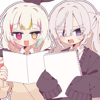  2girls :d alternate_costume black_cardigan blunt_bangs brown_sweater cardigan commentary_request hair_over_one_eye holding holding_notebook jaggy_lines jogasaki_noah long_hair long_sleeves looking_at_another mahou_shoujo_no_majo_saiban multicolored_hair multiple_girls natsume_an-an notebook open_mouth pink_eyes purple_eyes sleeves_past_fingers sleeves_past_wrists smile streaked_hair sweatdrop sweater toruriri0718 upper_body wavy_mouth white_background yellow_eyes 