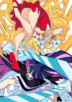  2girls black_dress blue_eyes breasts closed_mouth colored_inner_hair dress dual_wielding gun hair_over_one_eye high_heels highres holding holding_gun holding_sword holding_weapon large_breasts looking_at_viewer medium_breasts multicolored_hair multiple_girls open_mouth panty_&amp;_stocking_with_garterbelt panty_(psg) pink_hair purple_hair red_dress red_shoes shimure_(460) shoes siblings sisters sleeveless sleeveless_dress smile stocking_(psg) sword weapon 