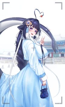  1girl absurdres ahoge alternate_costume arched_bangs bag blue_bag blue_hair blue_hanbok blue_skirt blurry blurry_background blush breasts breath cetacean_tail chima_(clothes) commentary cowboy_shot english_commentary facial_mark fins fish_tail flower from_side hair_flower hair_ornament hanbok hand_up heart heart_ahoge highres holding holding_bag huge_ahoge indie_virtual_youtuber korean_clothes large_breasts long_hair long_skirt long_sleeves looking_at_viewer multicolored_hair open_mouth orca_girl pellpt purple_eyes shylily skirt smile snow snowing solo streaked_hair tail v viewfinder virtual_youtuber white_streaks winter 