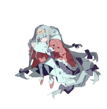  1girl aurora_sya_lis_kaymin black_bow bow commentary denoia dress frown full_body glaring grey_hair hair_bow highres holding holding_pillow hugging_object jitome long_hair long_sleeves looking_at_viewer maou-jou_de_oyasumi multiple_hair_bows pillow pillow_hug pom_pom_footwear princess purple_eyes red_dress red_shoes shoes simple_background sitting solo symbol-only_commentary tiara very_long_hair 