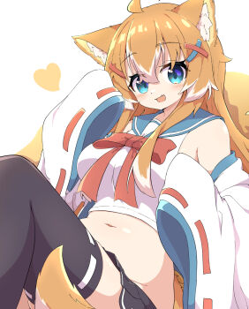  1girl ahoge animal_ear_fluff animal_ears aqua_eyes belly black_skirt black_thighhighs blue_sailor_collar bow bowtie breasts cropped_shirt fang groin hair_between_eyes hair_ornament hairclip hand_up heart highres jacket jacket_partially_removed large_breasts light_blush long_hair looking_at_viewer miniskirt multicolored_hair navel no_panties open_clothes open_jacket open_mouth orange_hair original pleated_skirt plump red_bow red_bowtie red_ribbon ribbon ribbon-trimmed_sleeves ribbon-trimmed_thighhighs ribbon_trim sailor_collar shirt sidelocks sitting skin_fang skirt sleeveless sleeveless_shirt sleeves_past_fingers sleeves_past_wrists smile solo tail thighhighs toramaru2001710 two-tone_hair very_long_hair white_background white_hair white_jacket white_shirt wide_sleeves x_hair_ornament 