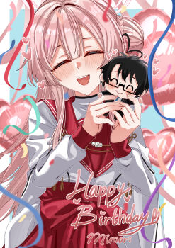  1girl absurdres balloon blue_archive blue_background border braid bun_with_braided_base character_doll closed_eyes commentary confetti doll facing_viewer hair_between_eyes hair_bun halo happy_birthday heart heart_balloon highres holding holding_doll long_hair long_sleeves mimori_(blue_archive) open_mouth outside_border pink_hair pink_halo red_sailor_collar rynn_(darknescorez) sailor_collar sensei_(blue_archive) shirt simple_background single_side_bun smile solo streamers upper_body white_border white_shirt 