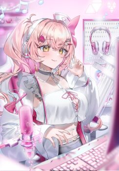  1girl commission computer_keyboard crop_top detached_sleeves drill_hair hair_ornament hair_ribbon hairclip hat headphones highres indie_virtual_youtuber indoors long_hair long_sleeves microphone midriff minaton mu_005555 musical_note navel nurse_cap pink_hair pink_ribbon ribbon skeb_commission solo twin_drills twintails virtual_youtuber wide_sleeves yellow_eyes 