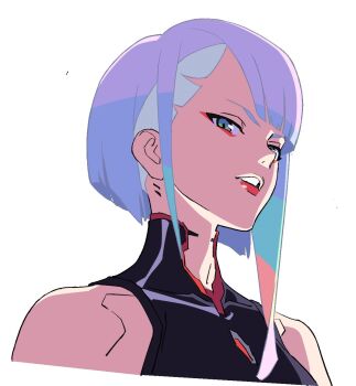  1girl asymmetrical_bangs asymmetrical_hair back_tattoo black_background black_leotard concept_art cyberpunk:_edgerunners cyberpunk_(series) cyborg eyeliner highres leotard lucy_(cyberpunk) makeup multicolored_hair multicolored_leotard official_art orange_hair parted_lips pink_hair rainbow_hair red_eyeliner red_leotard short_hair_with_long_locks simple_background subdermal_port tattoo two-tone_leotard upper_body white_background yoshinari_you 