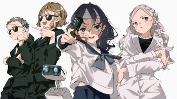  1boy 3girls bj_(juusan_kihei_bouei_ken) black_hair black_sailor_collar black_suit braid brown_hair coat commentary crown_braid formal_clothes grey_hair gun highres holding holding_gun holding_weapon juusan_kihei_bouei_ken long_hair long_sleeves looking_at_viewer minami_natsuno miura_keitarou morimura_chihiro multiple_girls non-humanoid_robot robot sailor_collar school_uniform serafuku shinonome_ryouko_(juusan_kihei_bouei_ken) shiomi_(lowrise) shirt short_hair simple_background suit sunglasses very_short_hair weapon white_background white_coat white_hair white_shirt 
