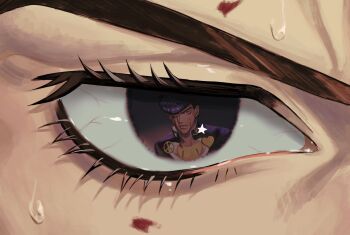  2boys aegyo_sal birthmark blood blood_on_face close-up diamond_wa_kudakenai eye_focus eye_reflection higashikata_josuke highres joestar_birthmark jojo_no_kimyou_na_bouken kira_yoshikage male_focus multiple_boys pompadour purple_hair reflection rr9pt76u5phwgqx star_(symbol) sweat 