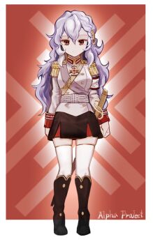  1girl aiguillette alpha_(alpha_1918) armband belt belt_buckle black_boots boots buckle buttons character_name collar cross cross_pendant epaulettes expressionless fluffy fluffy_hair gloves gold_buttons gold_trim hair_ornament layered_skirt lips long_hair looking_at_viewer military military_uniform nlitz non-web_source official_art original red_cross red_eyes russian_empire saber_(weapon) sash scabbard sheath skirt solo sputnik_and_pogrom sticker sword thigh_gap thighhighs thighs very_long_hair weapon white_armband white_belt white_gloves white_hair white_thighhighs zettai_ryouiki 