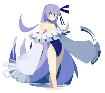 1girl black_choker blue_eyes choker commentary fate/grand_order fate_(series) flat_chest franshiyum frilled_one-piece_swimsuit frills highleg highleg_one-piece_swimsuit highres long_hair long_sleeves meltryllis meltryllis_(fate) meltryllis_(swimsuit_lancer)_(fate) meltryllis_(swimsuit_lancer)_(second_ascension)_(fate) off-shoulder_one-piece_swimsuit off_shoulder one-piece_swimsuit posterized purple_hair sleeves_past_fingers sleeves_past_wrists smile solo strapless strapless_one-piece_swimsuit swimsuit very_long_hair wading