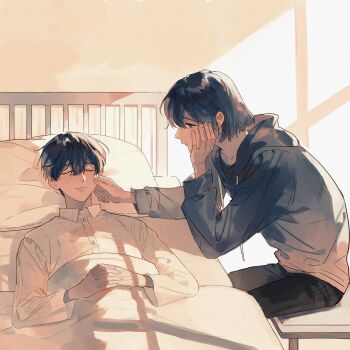  1boy 1girl black_hair black_shirt bob_cut cheek_pinching collared_shirt commentary_request grey_hoodie hair_between_eyes han_sooyoung hand_on_another's_face hand_on_own_face hand_on_own_stomach highres hood hood_down hoodie kim_dokja kkkktzr1 long_sleeves omniscient_reader's_viewpoint on_bed own_hands_clasped own_hands_together pinching shirt short_hair sitting slouching white_shirt window_light 