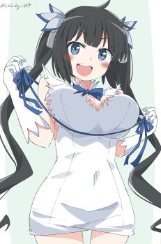  1girl :d absurdres black_hair blue_eyes blue_ribbon blush breasts commentary_request covered_navel cowboy_shot cynical_(llcbluckg_c004) dress dungeon_ni_deai_wo_motomeru_no_wa_machigatteiru_darou_ka gloves green_background hair_ornament hair_ribbon hestia_(danmachi) highres long_hair looking_at_viewer open_mouth pencil_dress rei_no_himo ribbon simple_background smile solo twintails twitter_username white_dress white_gloves 