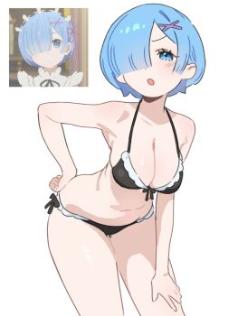  1girl :o bikini black_bikini blue_eyes blue_hair bow bow_bra bow_panties bra breasts cleavage commentary cowboy_shot dual_persona english_commentary hair_ornament hair_over_one_eye half-closed_eyes hand_on_own_thigh highres large_breasts leaning_forward looking_at_viewer maid_bikini navel panties re:zero_kara_hajimeru_isekai_seikatsu reference_inset rem_(re:zero) short_hair simple_background solo swimsuit thighs unconventional_maid underwear v-shaped_eyebrows white_background x_hair_ornament xxskreamlo87809 