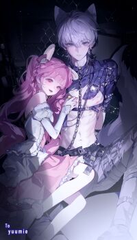  1boy 1girl :d absurdres animal_ears ankle_boots arms_behind_back assertive_female belt blue_collar blue_eyes blue_shirt blunt_bangs boots bound bound_arms bow braid chain chain-link_fence chain_leash chest_harness closed_mouth collar cosmetics dog_ears dog_tail dress expressionless facial_mark feet_out_of_frame fence frilled_dress frills fur-trimmed_boots fur_trim grey_hair grey_pants hair_between_eyes hair_bow hair_intakes hair_ornament harness heart heart_facial_mark heart_hair_ornament hetero highres holding holding_lipstick_tube juliet_sleeves leaning_on_person leash licking_lips light_particles lipstick_tube lipstick_writing long_hair long_sleeves looking_at_viewer love_and_deepspace midriff nipples oc_x_canon off-shoulder_dress off_shoulder on_ground open_mouth original pants pink_bow pink_dress pink_eyes pink_hair pink_lips puffy_sleeves rabbit_ears searchlight shirt short_dress short_hair short_sleeves side_braids smile spread_legs tail thigh_belt thigh_strap tongue tongue_out torn_clothes torn_shirt twintails two-tone_dress wavy_hair white_boots white_dress xavier_(love_and_deepspace) yurki 