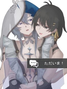  2girls absurdres antenna_hair bare_shoulders black_hair blue_veil breasts center_opening colored_eyelashes dress earrings elbow_pads female_rover_(wuthering_waves) gloves highres hug hug_from_behind jewelry long_hair menma_yukidoke multiple_girls own_hands_together purple_eyes rover_(wuthering_waves) shorekeeper_(wuthering_waves) smile triangle_earrings two-tone_veil veil white_dress white_veil wuthering_waves yellow_eyes 