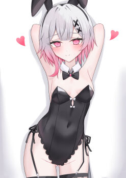  1girl absurdres animal_ears animal_hairband armpits black_bow black_bowtie black_hairband black_leotard black_ribbon blush bow bowtie breasts center-flap_bangs commentary_request covered_navel cowboy_shot detached_collar double-parted_bangs fake_animal_ears garter_straps gluteal_fold gradient_hair hair_ornament hairband heart highres icedream leotard looking_at_viewer mahou_shoujo_no_majo_saiban multicolored_hair necktie pink_eyes pink_hair playboy_bunny rabbit_ears ribbon sakuraba_ema simple_background small_breasts smile solo straight-on thighhighs two-tone_hair white_background white_hair x_hair_ornament 