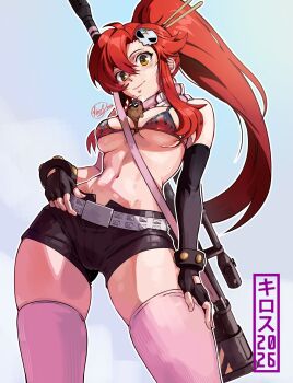  1girl 2026 absurdres anti-materiel_rifle artist_name belt between_breasts bikini bikini_top_only black_bikini black_gloves black_shorts blue_background boota_(ttgl) bracelet breasts closed_mouth commentary contrapposto cowboy_shot fingerless_gloves flame_print gloves gun hair_between_eyes hair_ornament hair_stick hand_on_own_hip hand_on_own_thigh highres jewelry kiros_temple large_breasts long_hair looking_at_viewer mole_(animal) navel outline pink_scarf pink_thighhighs ponytail red_hair rifle scarf short_shorts shorts signature skull_hair_ornament smile sniper_rifle solo standing striped_clothes striped_scarf studded_belt studded_bracelet sunglasses swimsuit tengen_toppa_gurren_lagann thighhighs very_long_hair weapon white_belt white_outline yellow_eyes yoko_littner 