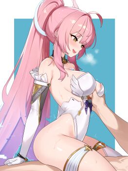  1boy 1girl absurdres adapted_costume aemeath_(wuthering_waves) ahoge armpit_crease bare_shoulders blue_background blush border breasts breath clothed_female_nude_male clothed_sex commentary covered_navel cowgirl_position elbow_gloves english_commentary from_side girl_on_top glitch gloves grabbing_another's_breast gradient_hair groping hair_intakes hetero highres large_breasts leotard long_hair looking_at_another multicolored_hair nabiyan nude open_mouth paid_reward_available pink_hair ponytail purple_hair sex sidelocks smile star-shaped_pupils star_(symbol) straddling symbol-shaped_pupils thighs very_long_hair white_border white_gloves white_leotard wuthering_waves yellow_eyes 