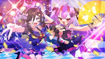 absurdres alice_hoshihime black_hair breasts highres idol idol_clothes kamihoshi_project medium_breasts oni oni_girl purple_eyes purple_hair red_eyes syd_karasukami towoyama unusual_pupils virtual_youtuber