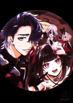  1girl 2boys :d bell black_hair blue_hair blunt_bangs butterfly-shaped_pupils collared_shirt commentary_request facial_mark flower_tattoo fox_mask giovanni_(honkai:_star_rail) gloves gradient_hair green_eyes hair_over_one_eye highres honkai:_star_rail honkai_(series) jacket mask multicolored_hair multiple_boys neck_bell nendo_(n) open_mouth parted_bangs pink_eyes pov_peephole ribbon sampo_koski shirt smile sparkle_(honkai:_star_rail) symbol-shaped_pupils tattoo twintails white_hair 