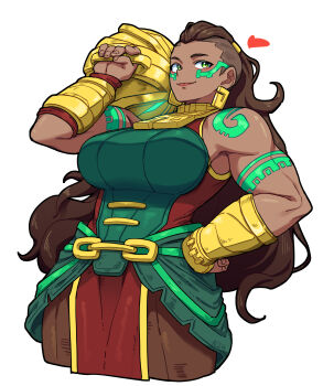  1girl bare_shoulders breasts brown_hair closed_mouth cropped_legs dark-skinned_female dark_skin eyelashes fingernails green_eyes hand_on_own_hip hashtag-only_commentary heart highres holding illaoi large_breasts league_of_legends lips long_hair muscular muscular_female n_24 simple_background sleeveless smile solo undercut white_background 