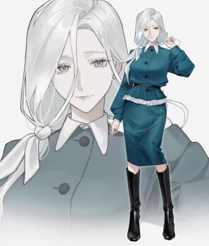  1girl belt black_boots boots character_request commentary_request full_body grey_eyes hair_over_shoulder hand_up highres long_hair long_sleeves looking_at_viewer multiple_views path_to_nowhere standing white_hair yoi_muki 