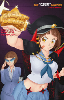  banchou bob_cut brass_knuckles brown_eyes brown_hair commentary delinquent dual_persona english_commentary fight_club formal_clothes gartastic glasses hat kill_la_kill mankanshoku_mako school_uniform shako_cap short_hair skirt skirt_suit spikes suit weapon 